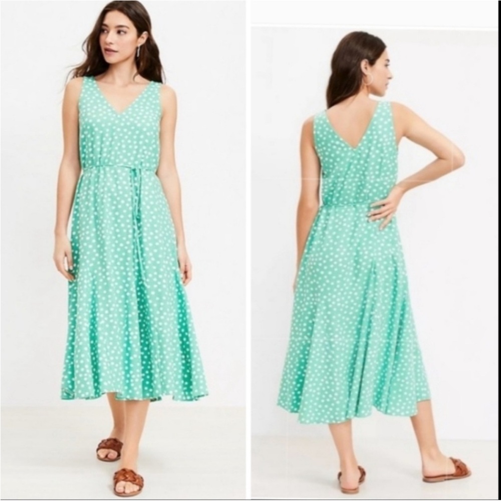 Loft Linen Blend Green Swing Dress Polka Dot Maxi Midi Flowy Retro Inspired